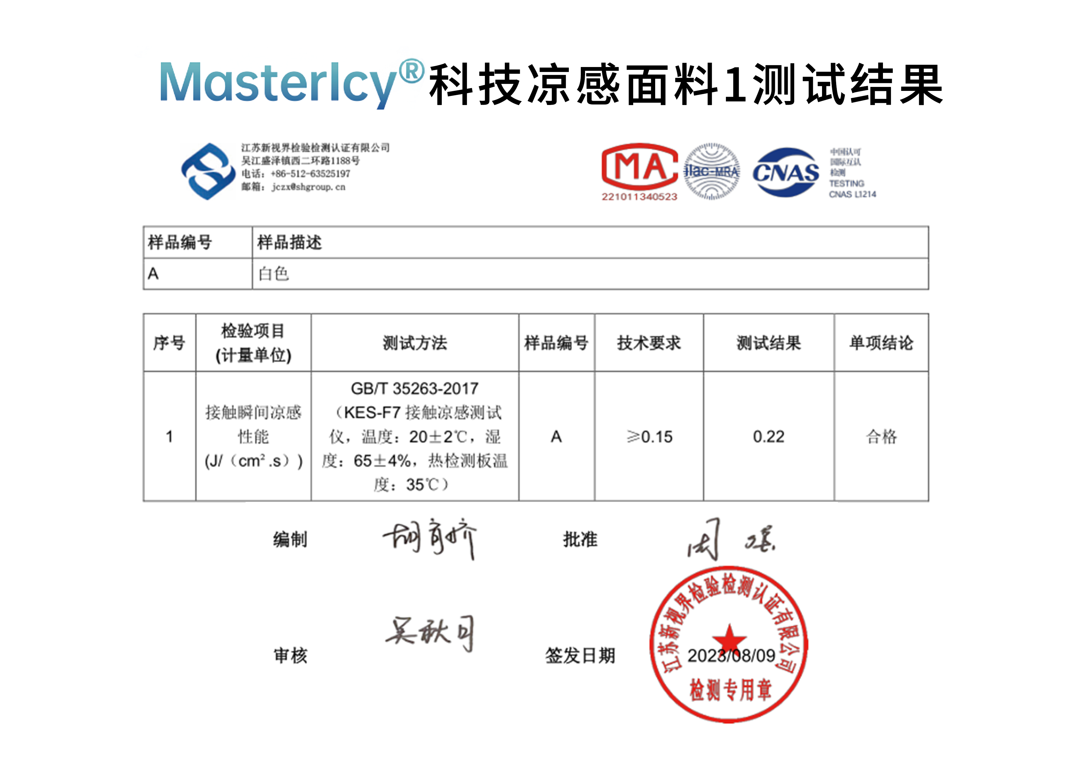 Mastericy?科技涼感面料1測(cè)試結(jié)果